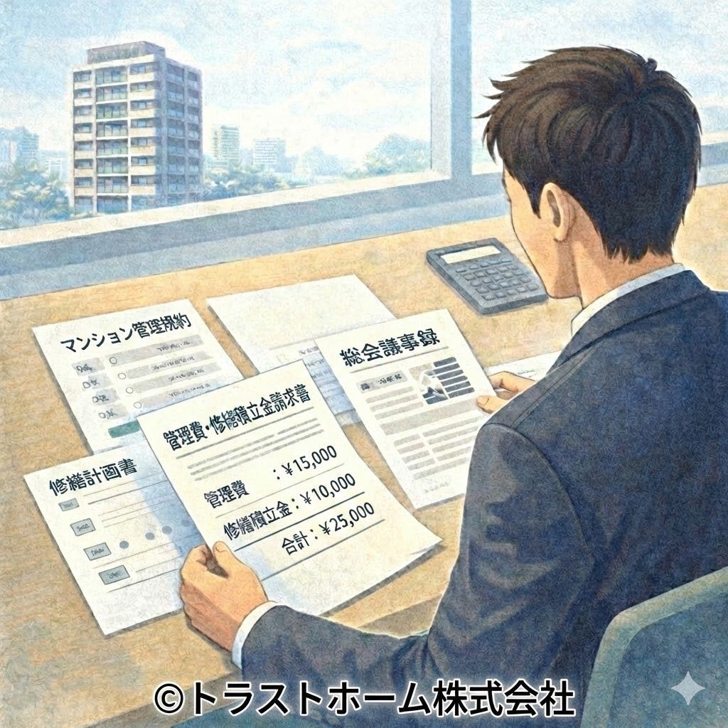 管理費や修繕積立金、修繕計画を査定時に書類で確認している様子のイメージ