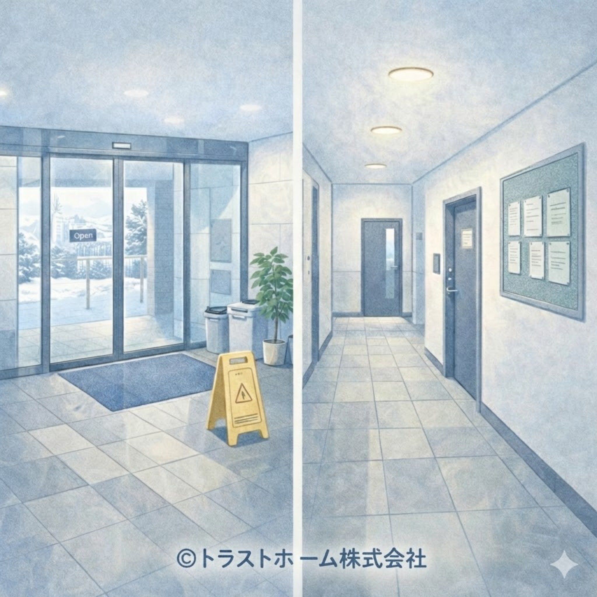 エントランスや共用廊下など管理状態が内覧時の印象に影響することを示したイメージ