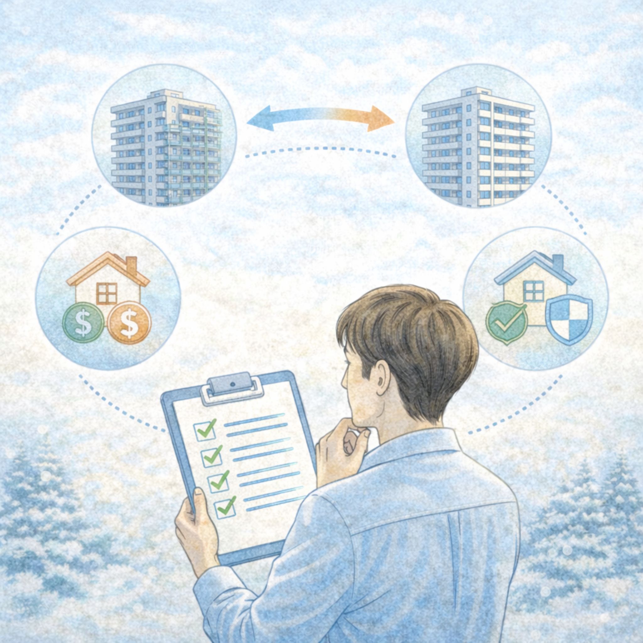 大規模修繕の前後で売却するかどうかを整理して判断している様子のイメージ