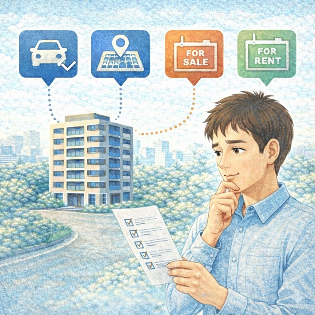 駐車場の有無を含めて売却や賃貸の判断を整理している様子のイメージ