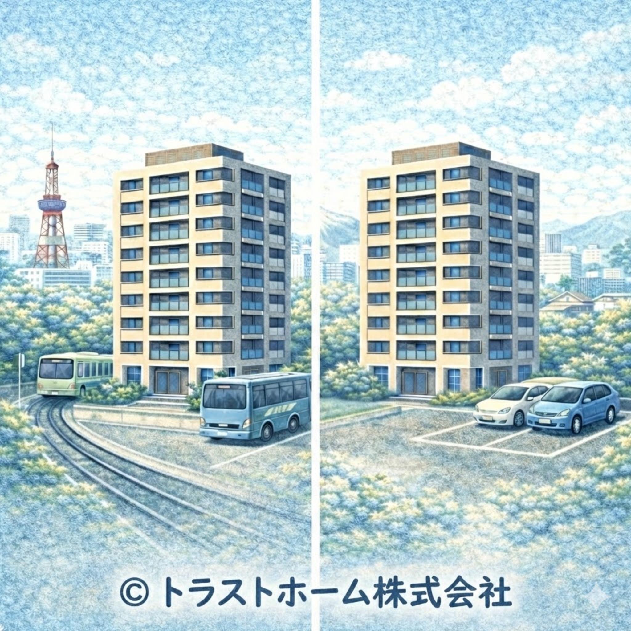 駐車場の有無が立地や購入者層によって評価に影響することを示したイメージ