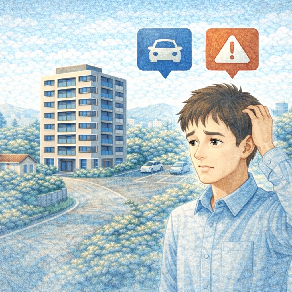 郊外エリアで駐車場がなく売却時に注意が必要な中古マンションのイメージ