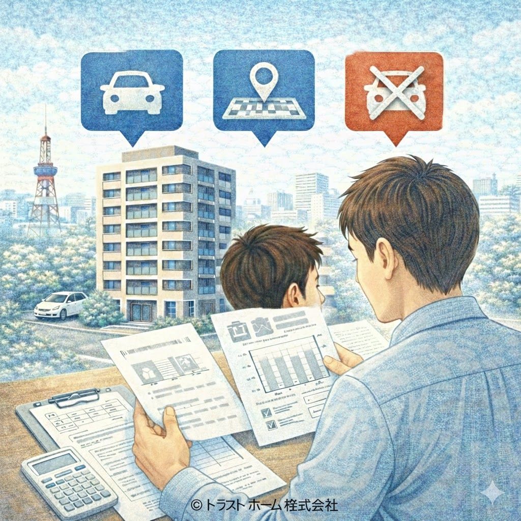 査定時に駐車場の有無や周辺駐車場を資料で確認している様子のイメージ