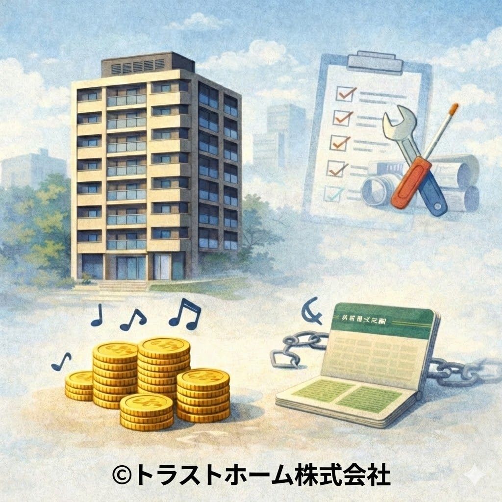 中古マンションを賃貸にして家賃収入を得る一方で修繕や管理の負担が続く様子のイメージ