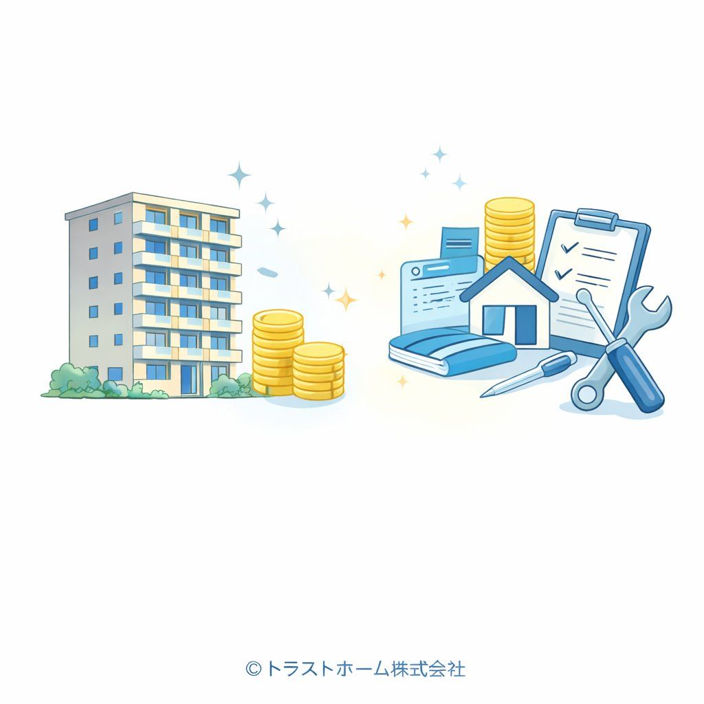 中古マンションを貸す場合の家賃収入と管理負担の両面を示したイメージ