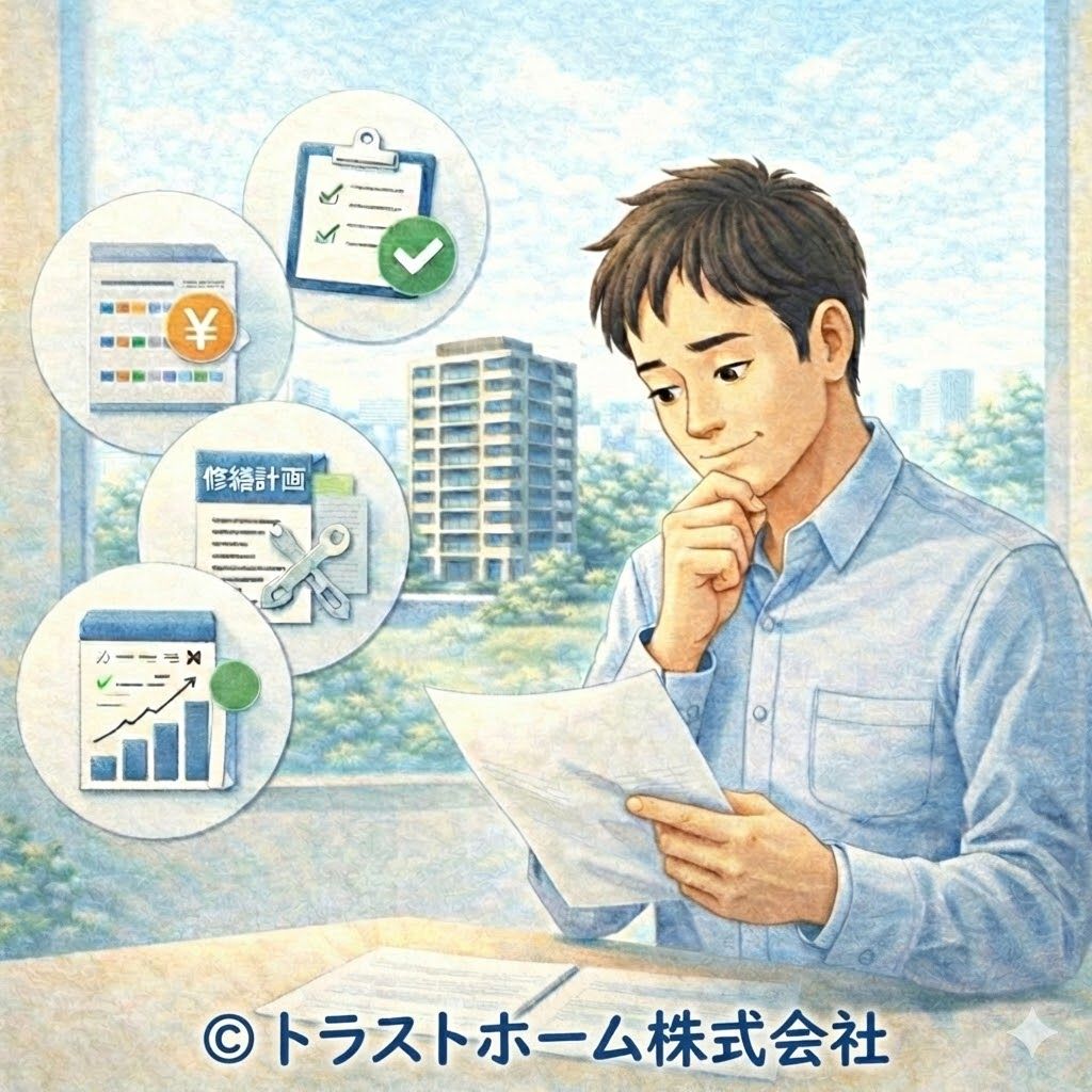 査定価格や管理費、修繕計画を整理して売却判断している様子のイメージ