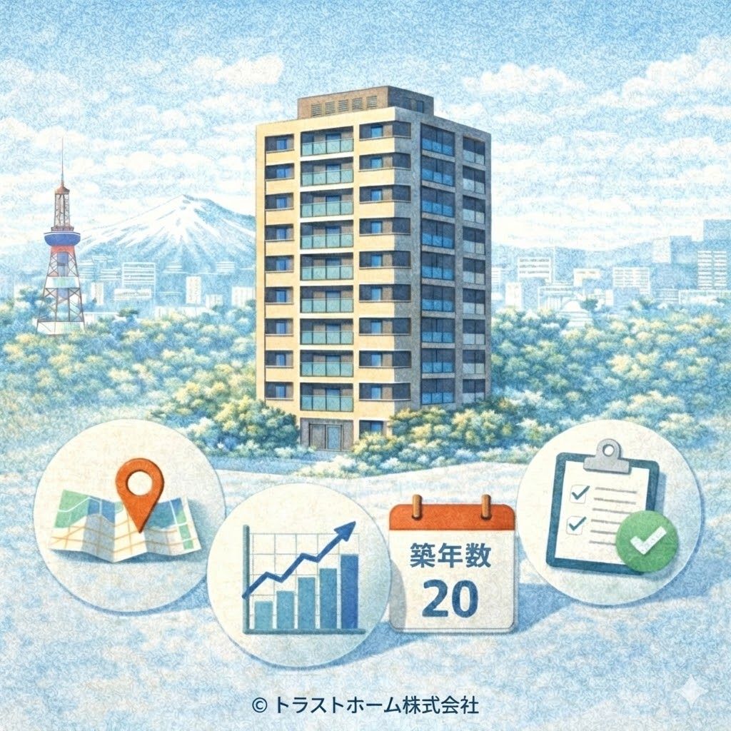 相場だけでなく立地や築年数、管理状態など複数条件で売却判断するイメージ