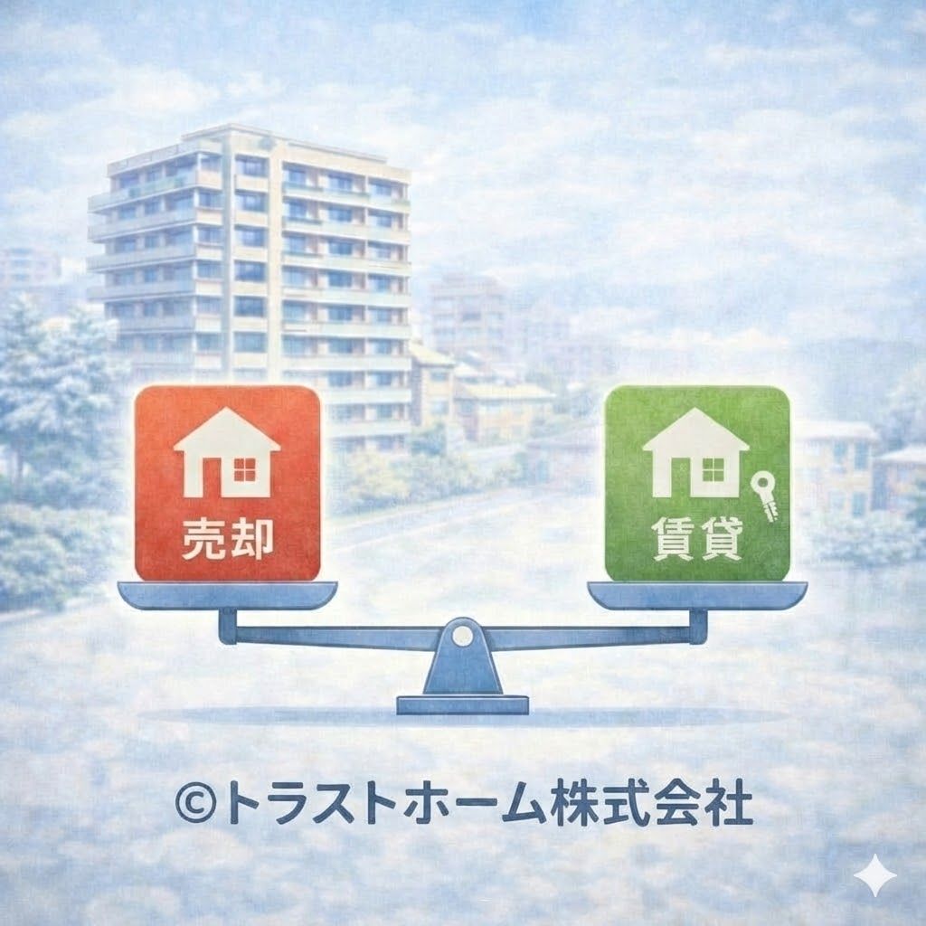 管理状況を踏まえて売却か賃貸かを比較検討している様子のイメージ