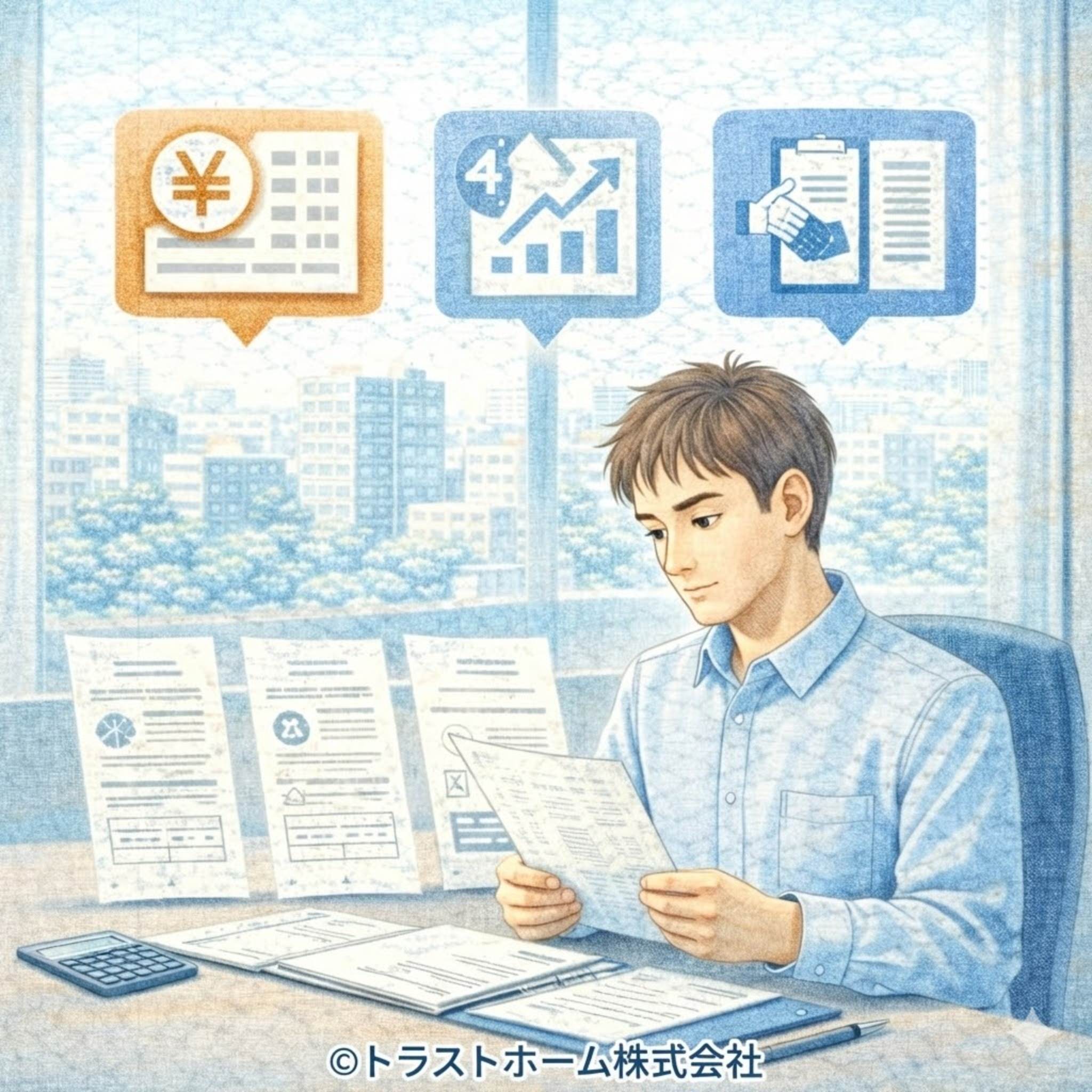 賃貸中物件の家賃や契約内容、利回りを資料で確認している様子のイメージ