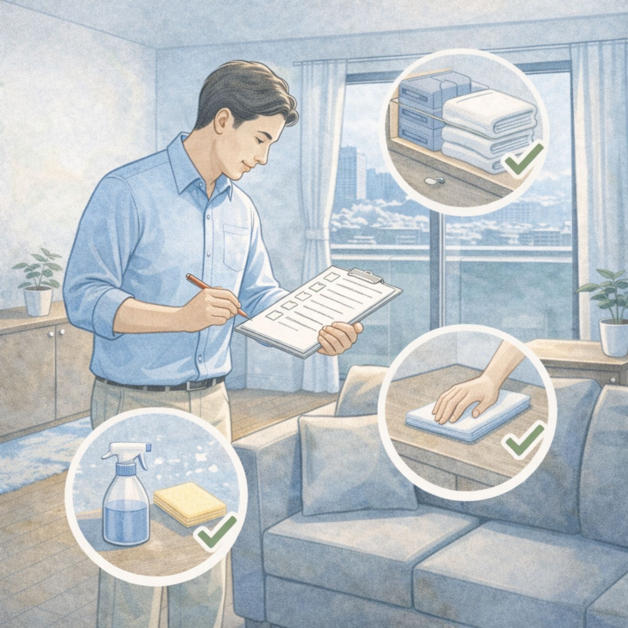 内覧前に整理整頓や簡単な清掃を行い準備している様子のイメージ