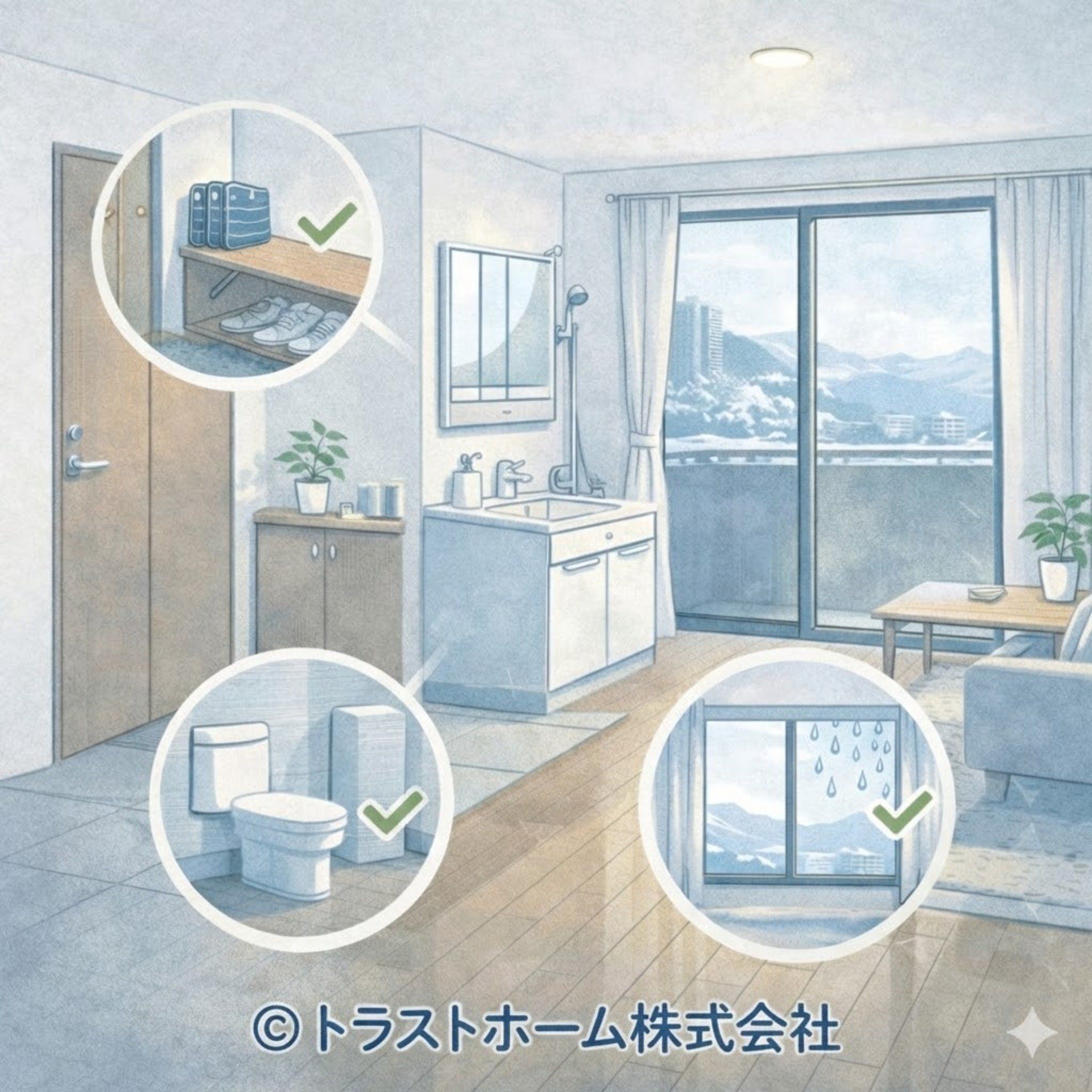 玄関や水回り、窓まわりなど内覧時に確認されやすい室内ポイントを示したイメージ