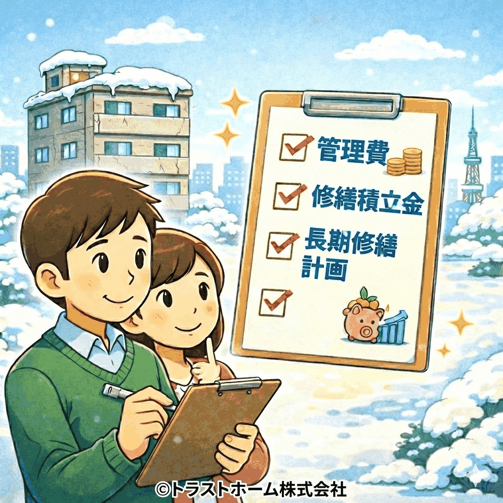 札幌の中古マンション売却前に、管理費・修繕積立金・長期修繕計画をチェックするイメージイラスト