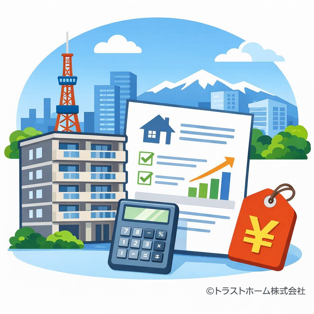札幌の中古マンション査定の基本イメージ（査定書類と価格のイラスト）