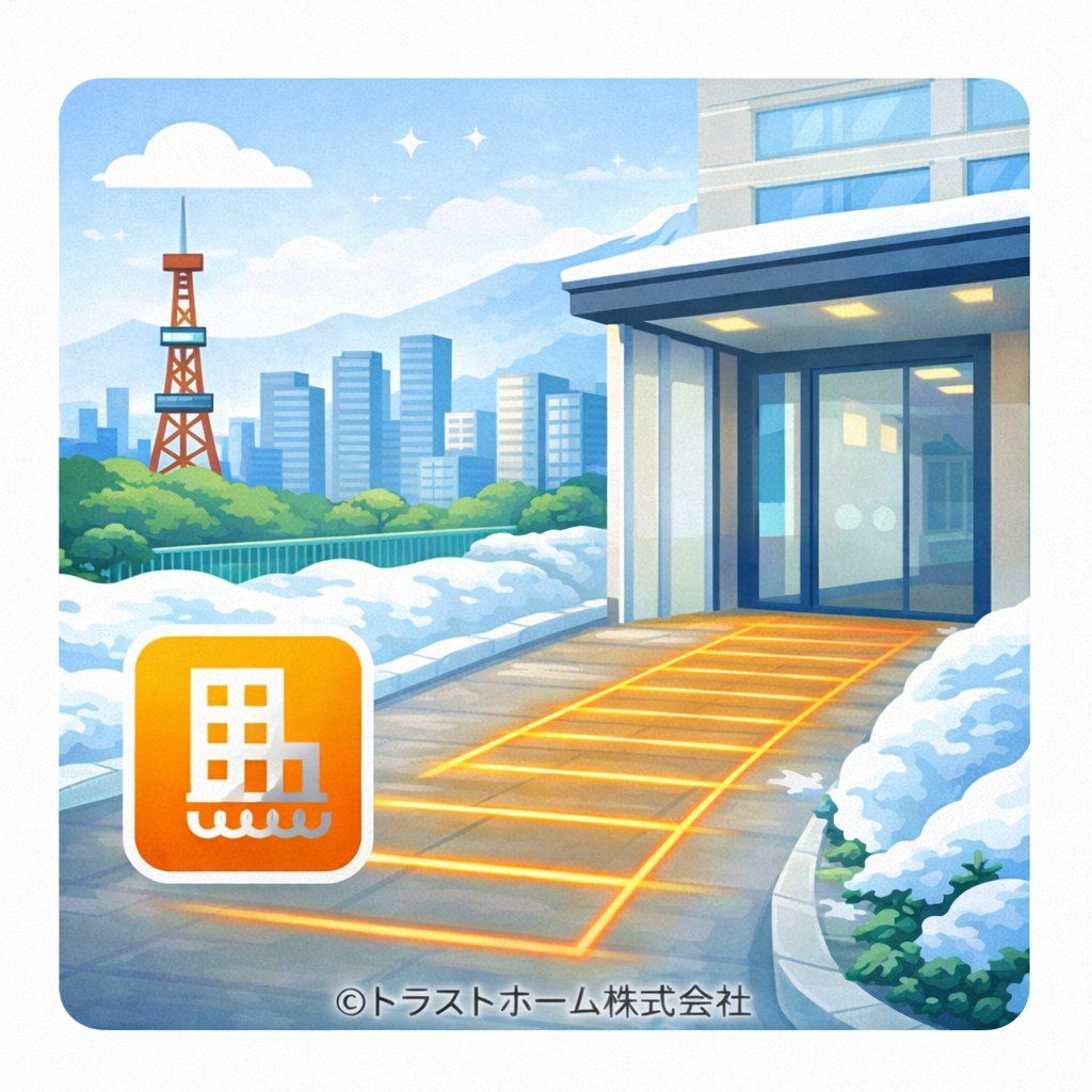 札幌のマンション設備ロードヒーティングのイメージ（雪が溶けたエントランス）