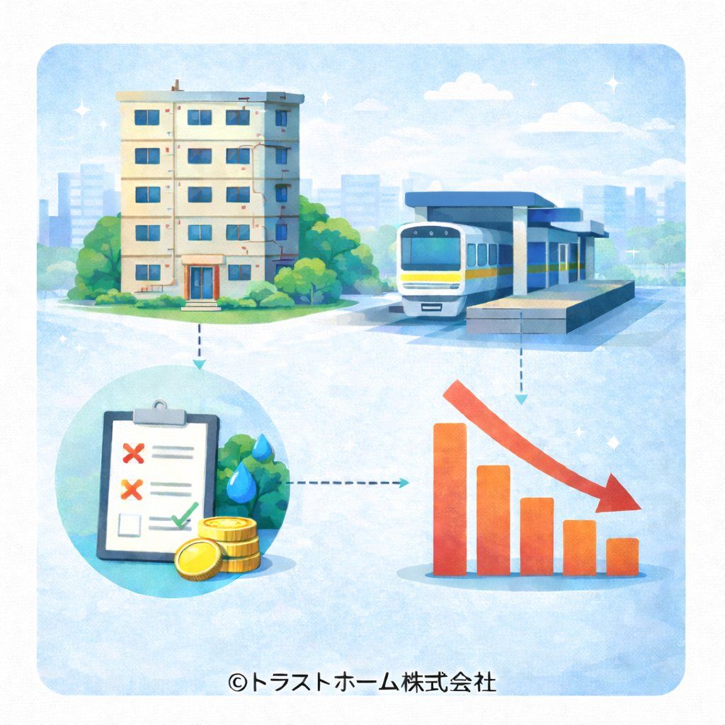査定額が下がる条件のイメージ（築年数・管理状態・駅距離など）
