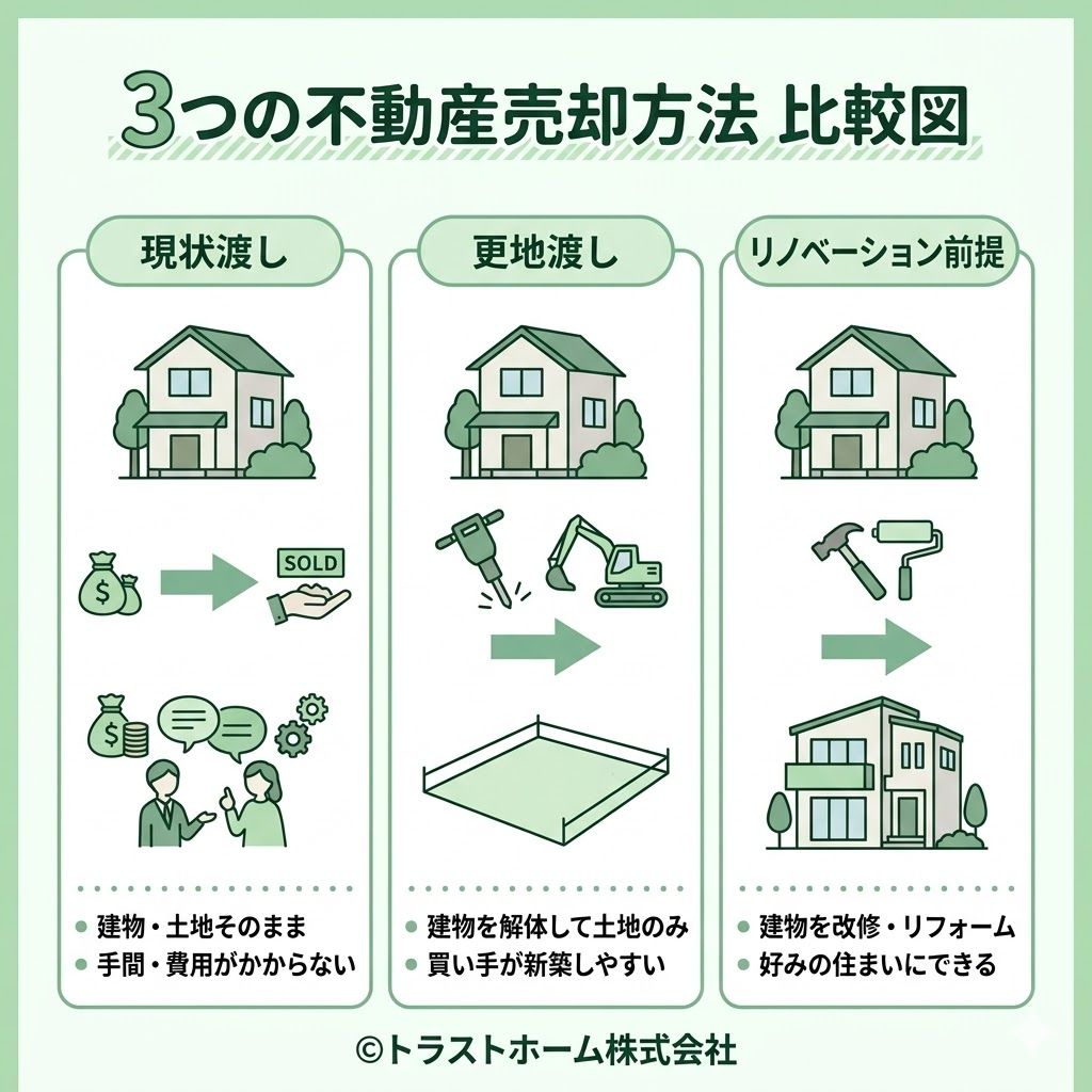 3つの売却方法を比較検討しているイメージ