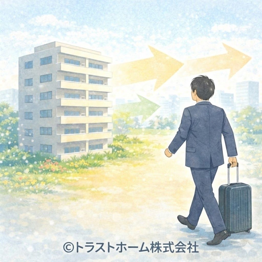 転勤に伴い早期売却を決断する人物とマンションのイメージ
