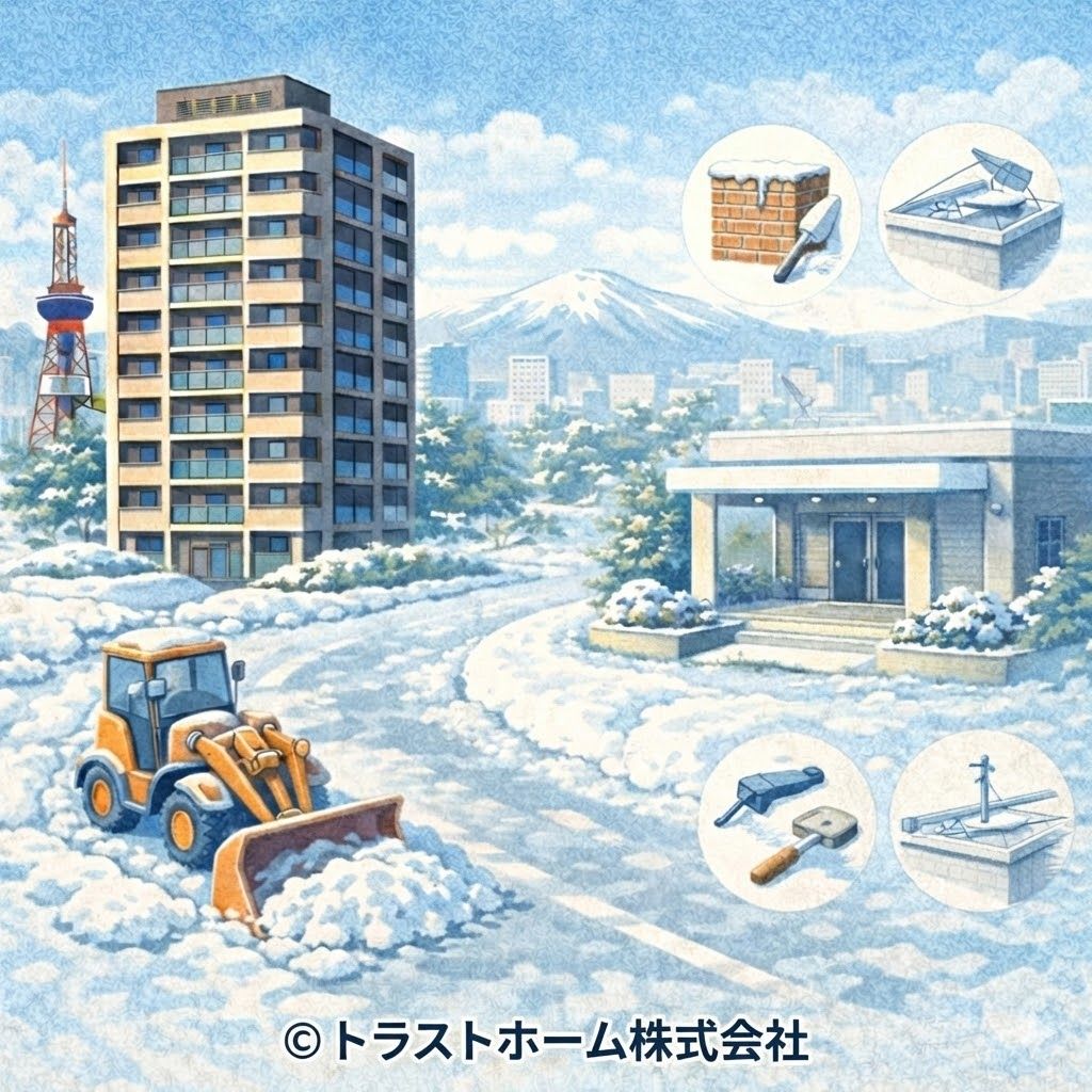 札幌の中古マンションで除雪や寒冷地特有の修繕管理が重要であることを示したイメージ