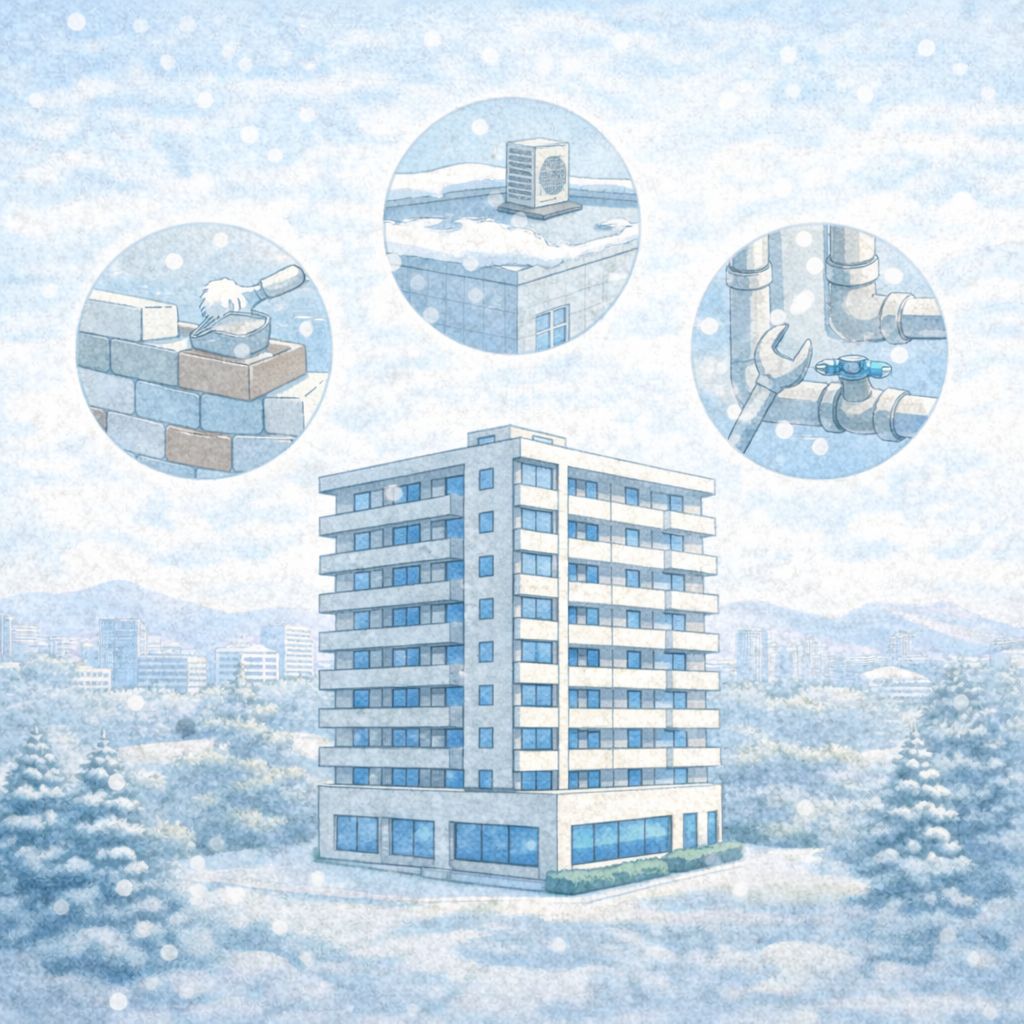 札幌の寒冷地特有の外壁や配管など修繕ポイントが評価に影響する様子のイメージ