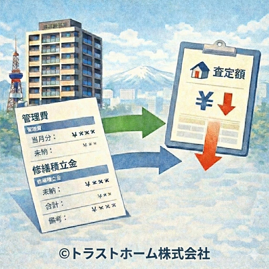 札幌の中古マンションで管理費や修繕積立金が査定価格に影響することを示したイメージ