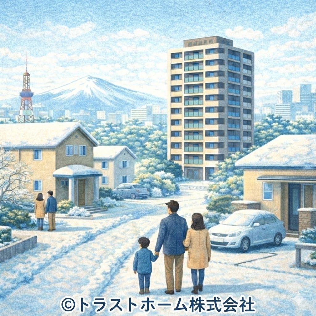 札幌の住宅街と中古マンション、実需中心の市場特性を示したイメージ