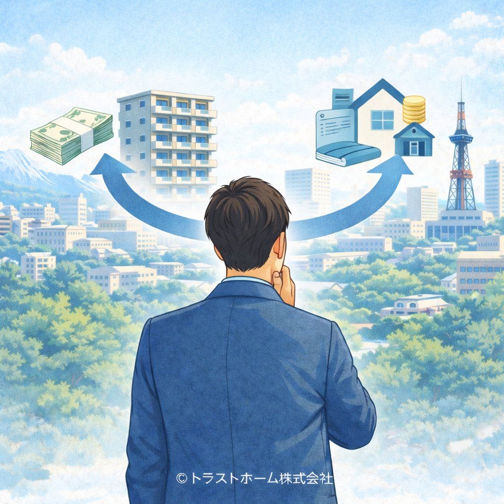 札幌の中古マンションで売却か賃貸かを迷いながら判断している売主のイメージ