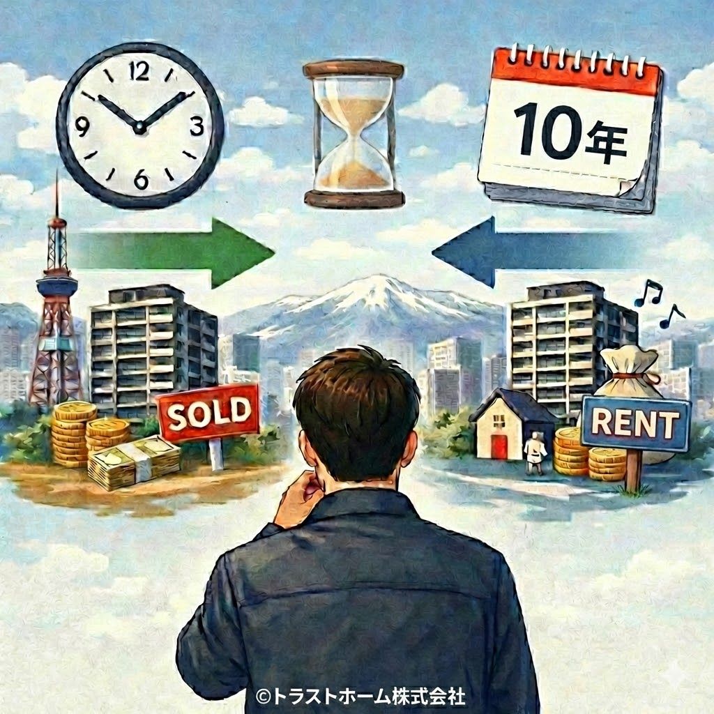 札幌の中古マンションで売却と賃貸のどちらが10年で得かを考えている様子のイメージ