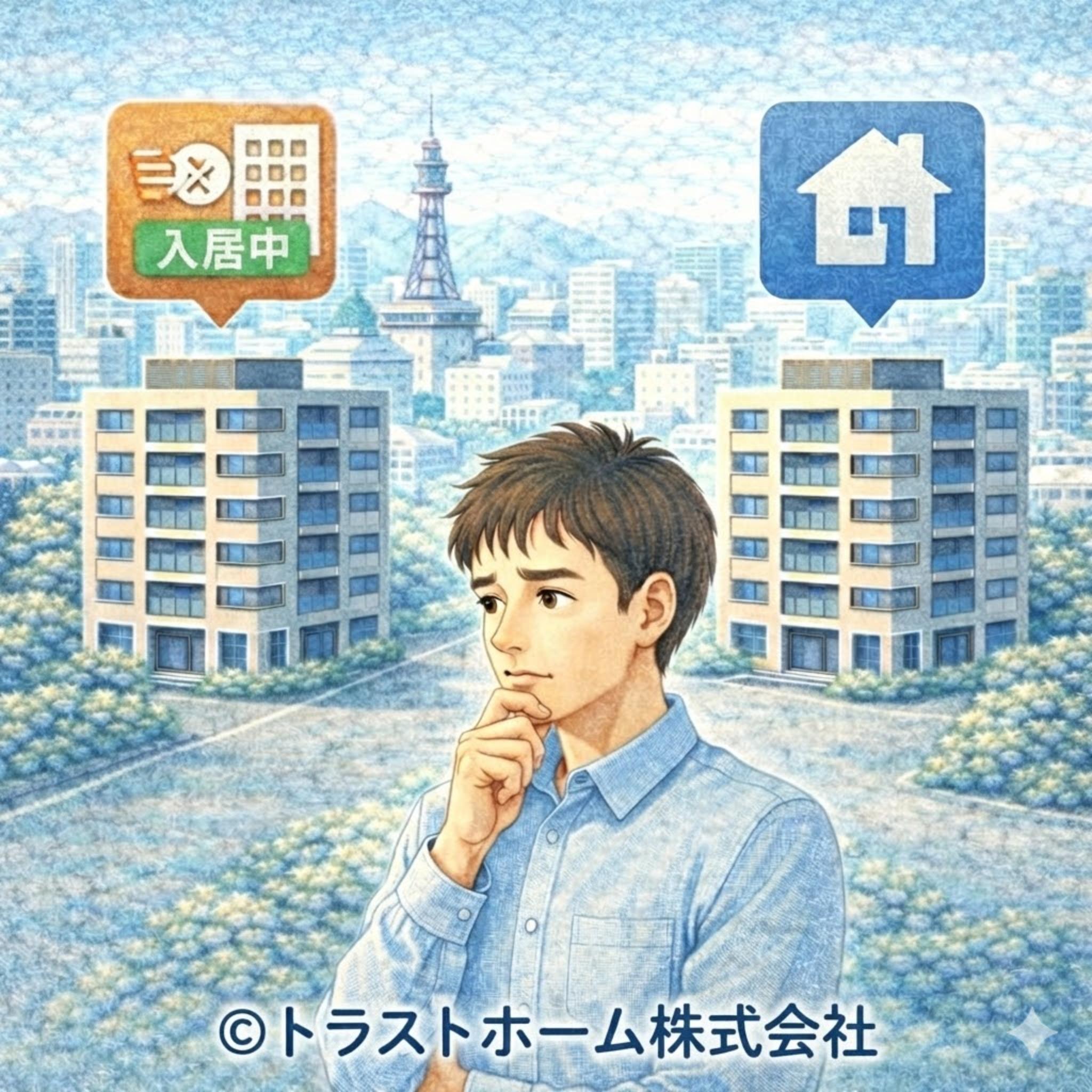 札幌の中古マンションで賃貸中の物件を売却すると価格がどう見られるか考えている様子のイメージ