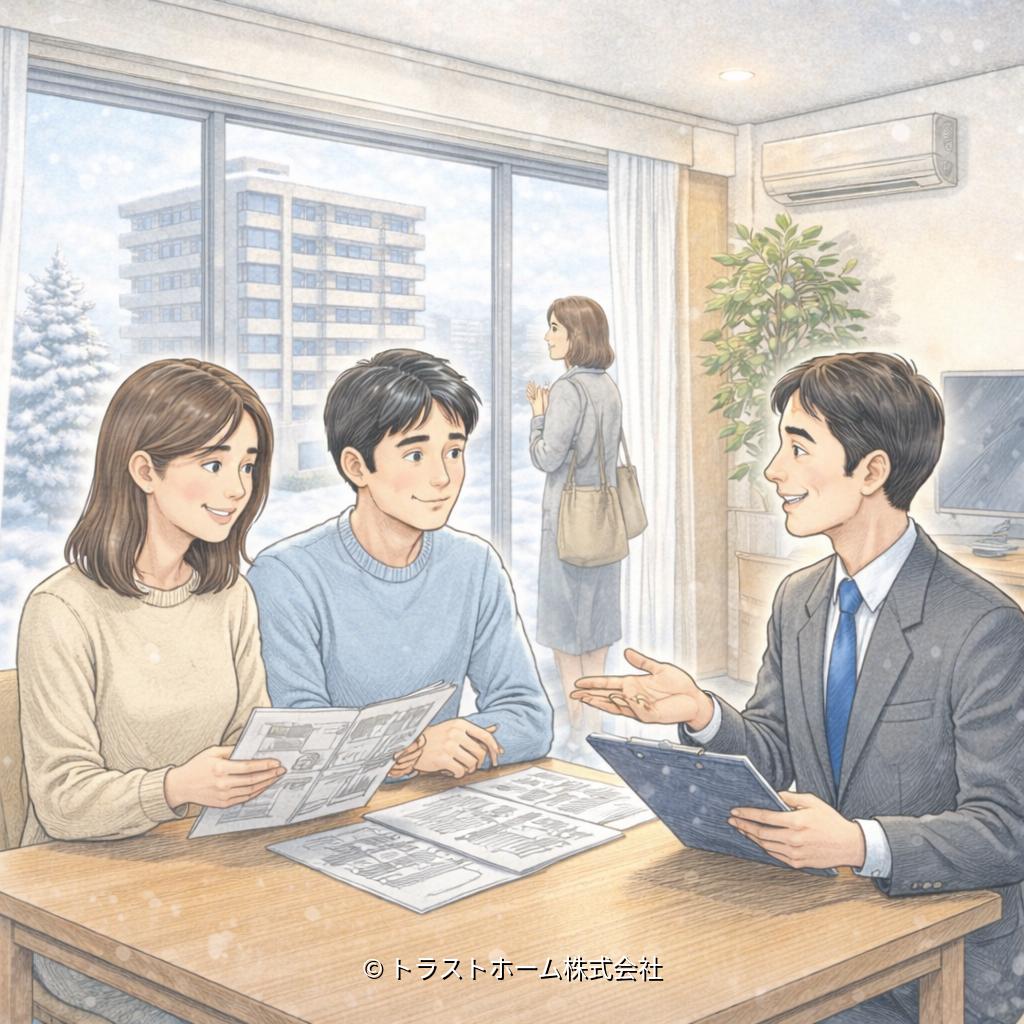 冬でも本気度の高い購入検討者が中古マンションを検討している様子のイメージ