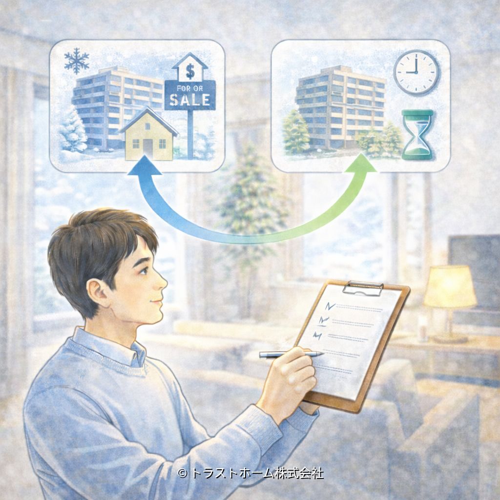 冬に売却するか時期を待つかを冷静に判断している様子のイメージ