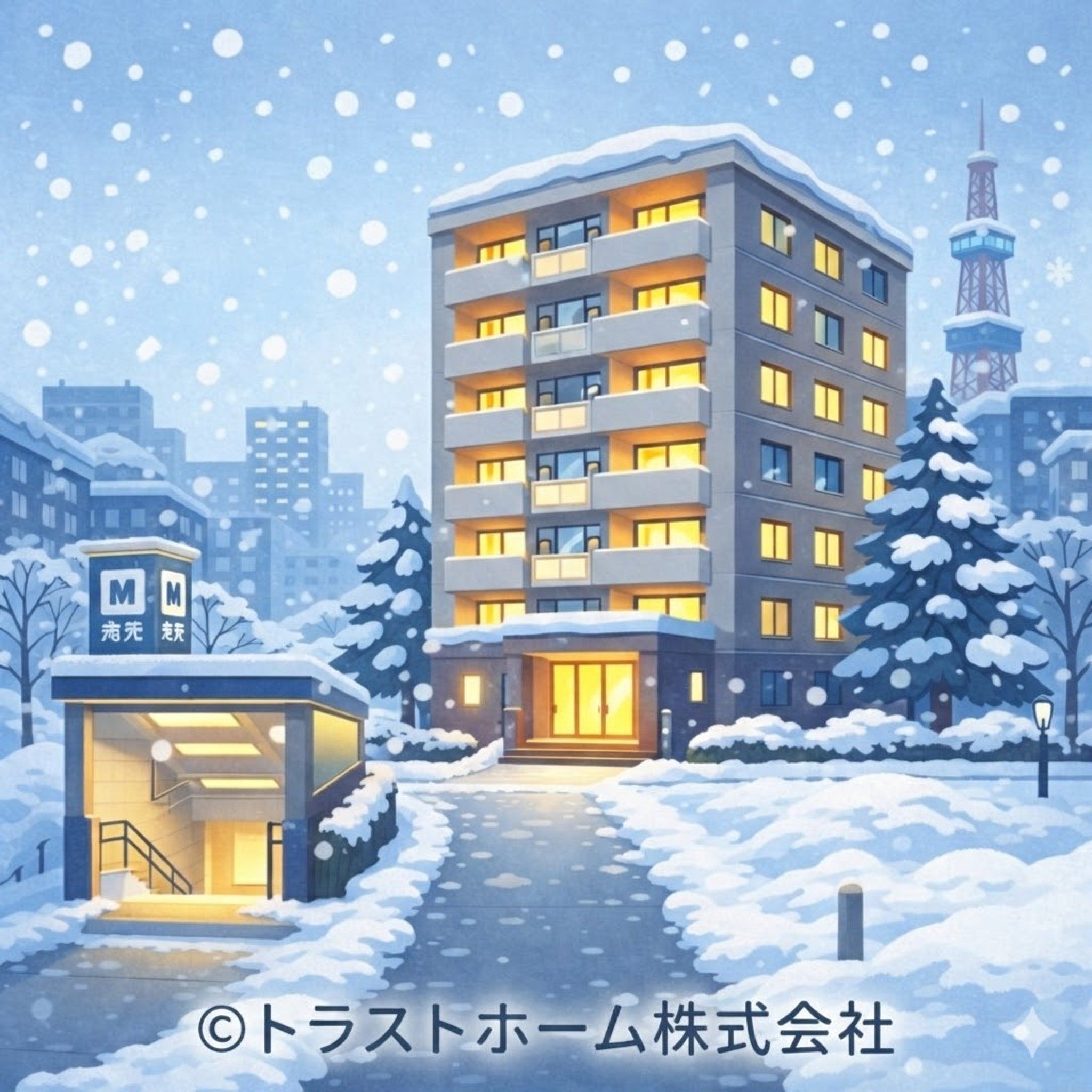 札幌の冬でも売れる中古マンションのイメージ｜雪景色と管理の行き届いたマンション