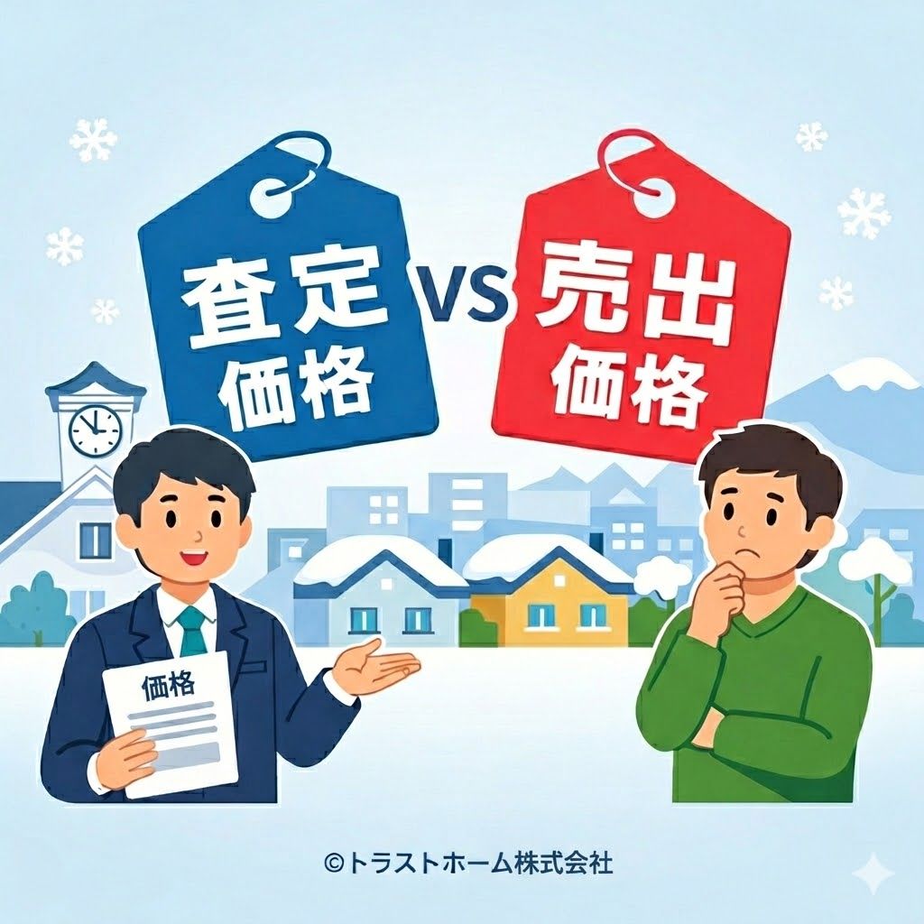 札幌版:査定価格と売出価格の違いと価格戦略をイメージしたシンプルな挿絵(©トラストホーム株式会社)