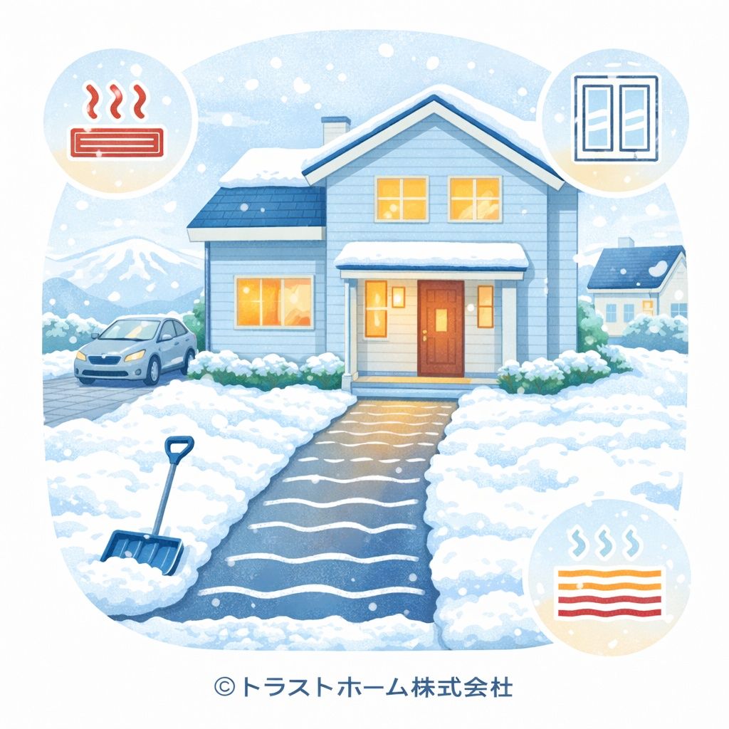 札幌の冬の内覧対策イラスト（除雪・暖房・ロードヒーティング）