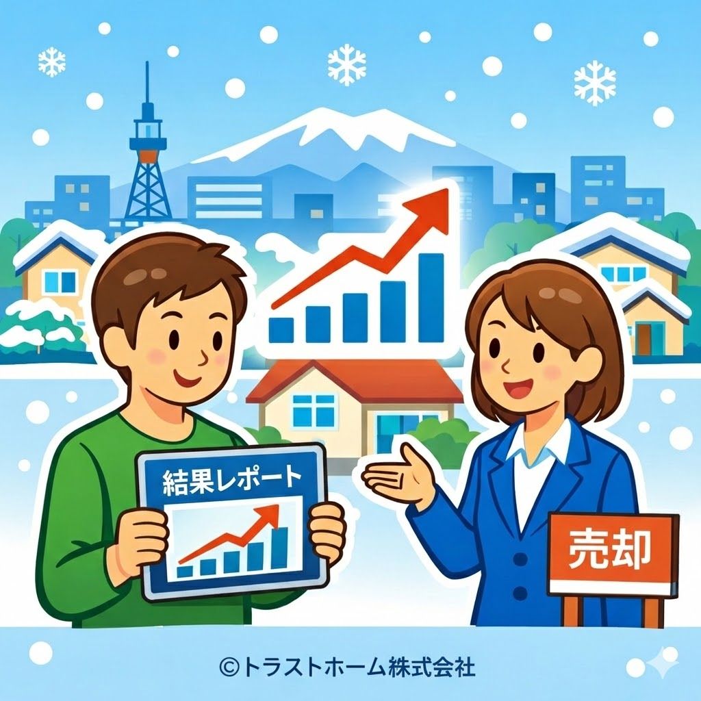 札幌で不動産相場を調べる売主と上昇グラフのイラスト
