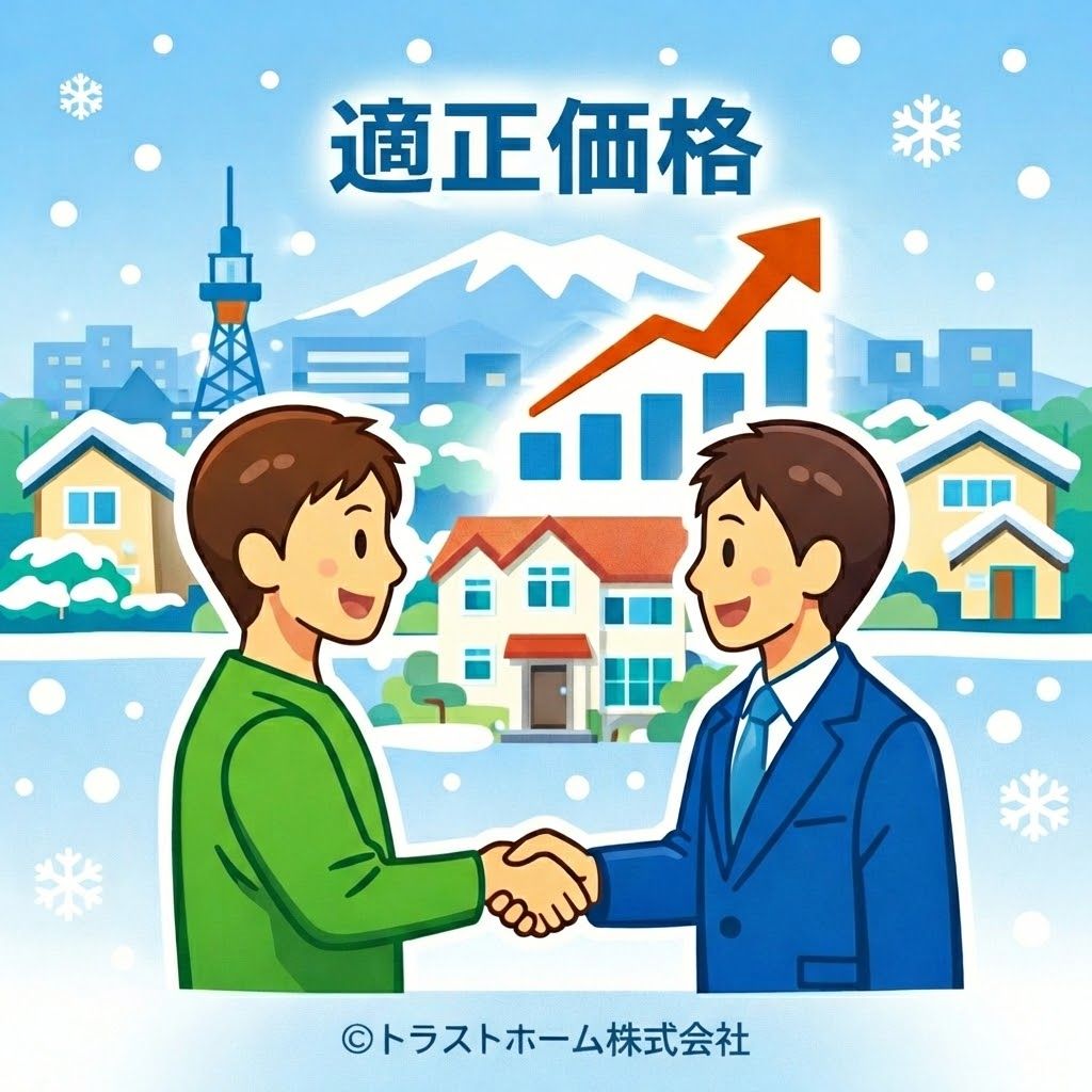 札幌の住宅前で売主と買主が握手し上昇グラフが表示されたイラスト