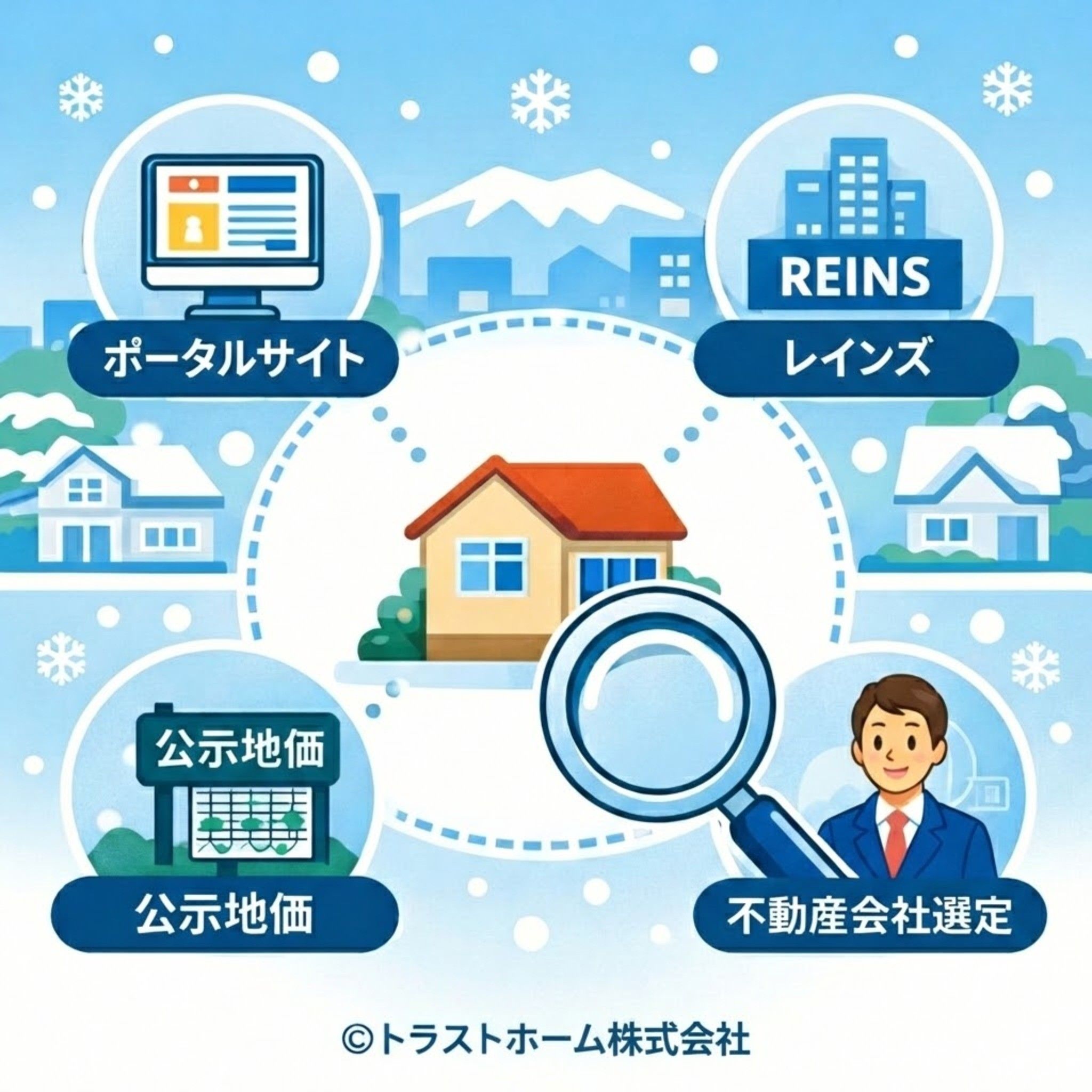 相不動産相場の調査方法を円形で示したイラスト(ポータルサイト・レインズ・公示地価・査定)