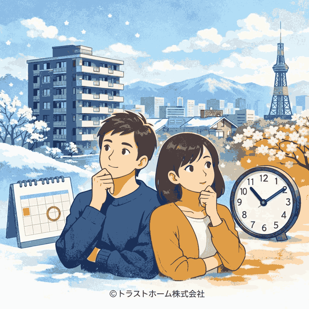 札幌の中古マンションを前に、売却するタイミングを考えている売主のイメージ