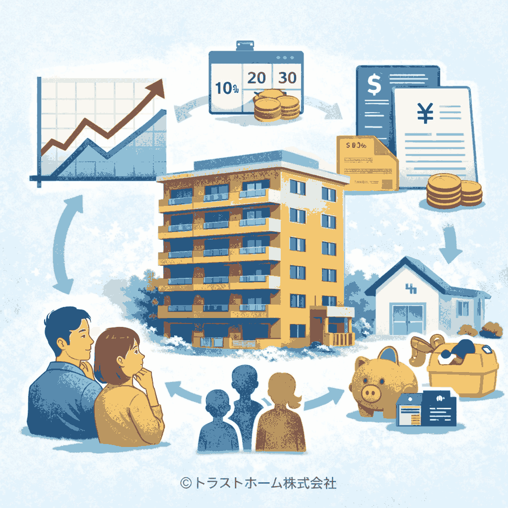 相場だけでなく築年数や管理状況など複数の要素から売却判断を行う考え方のイメージ