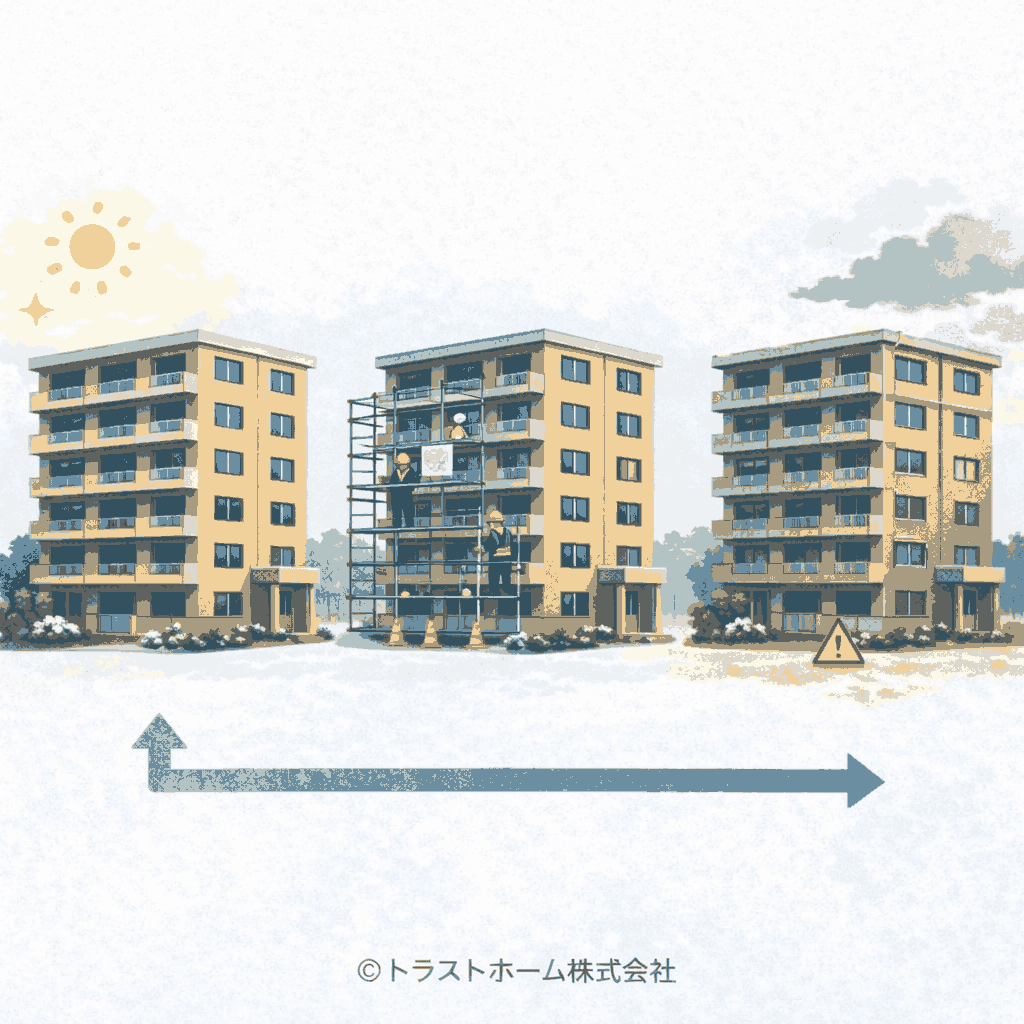 築年数の経過によって中古マンションの評価や見られ方が変化していく様子のイメージ