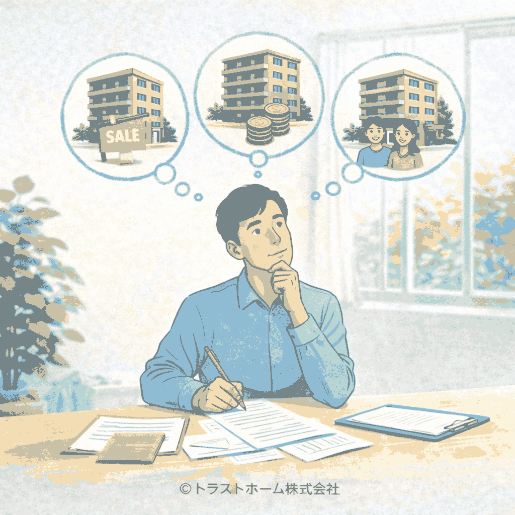 中古マンションを今売るべきか保有すべきか迷いながら情報を整理している様子のイメージ