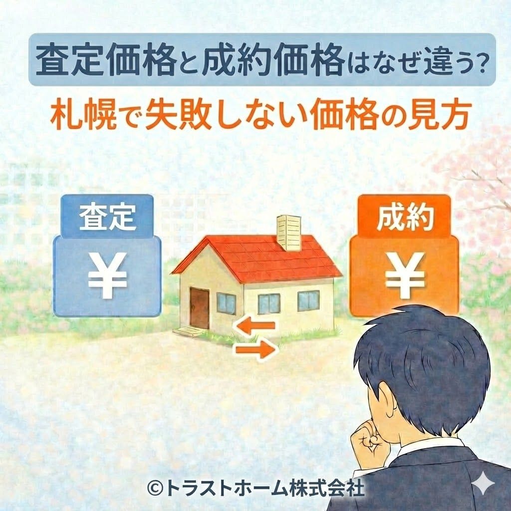 札幌で査定価格と成約価格の違いを比較している住宅と人物のイメージ