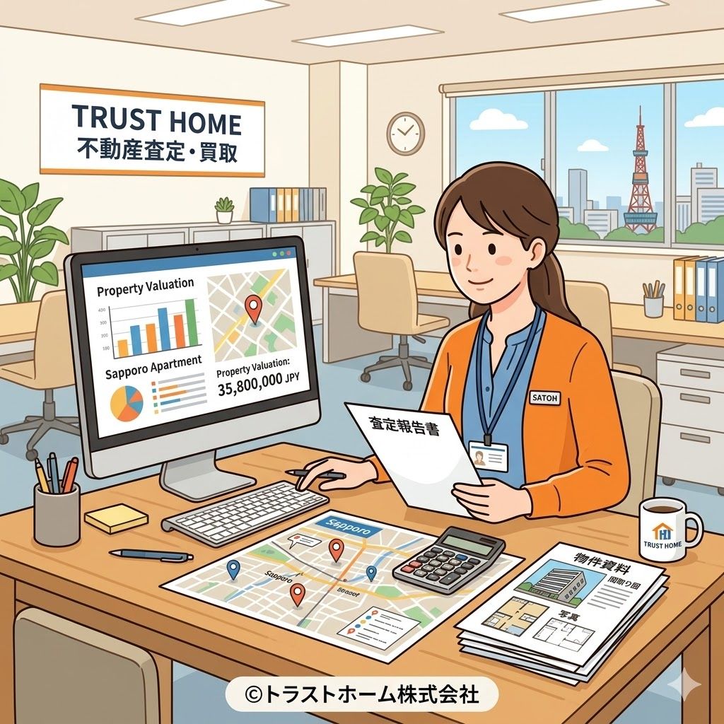 不動産査定のイメージ図。不動産会社の担当者が物件の価値を調べて伝えるシーン