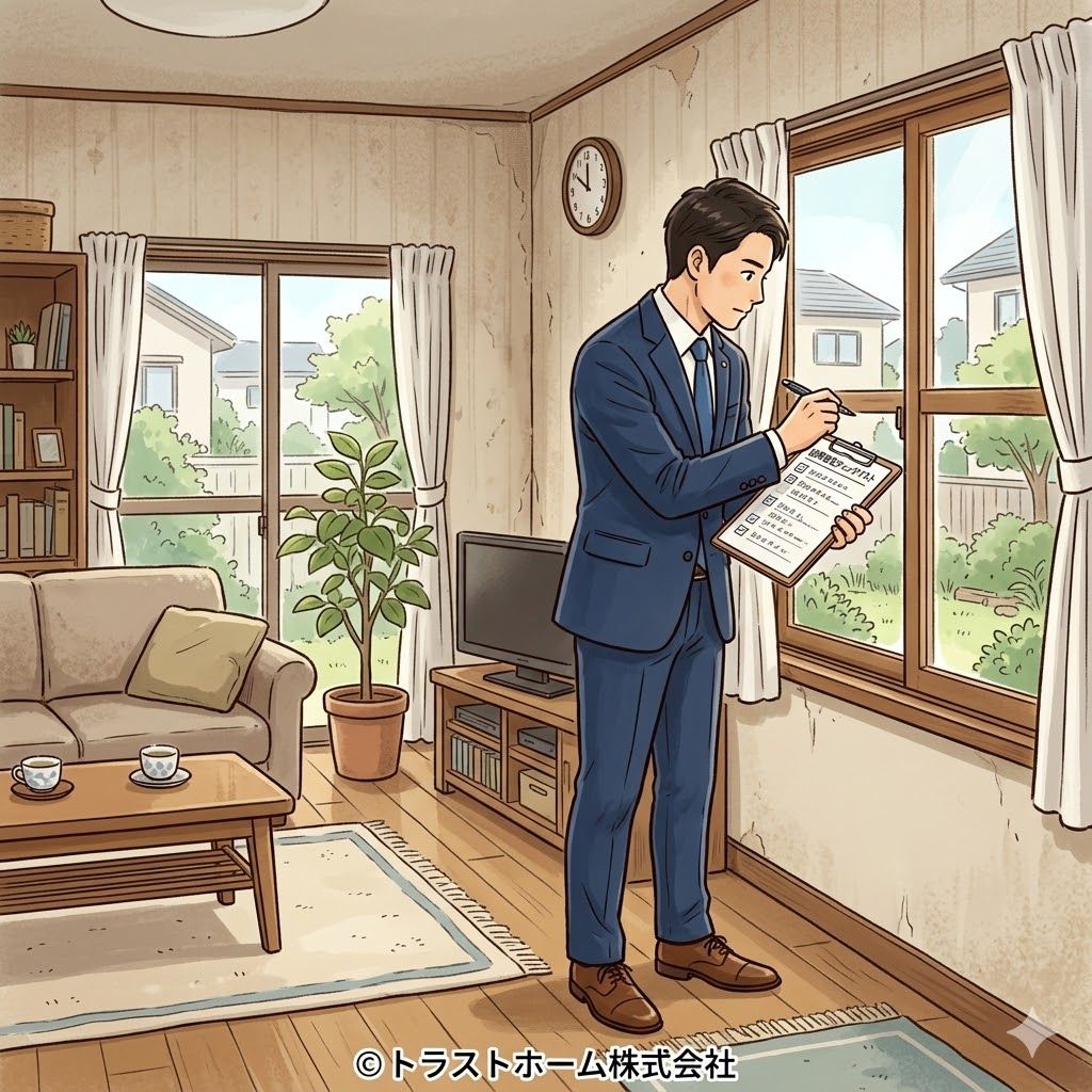不動産会社の担当者が物件を現地訪問して査定しているイメージ