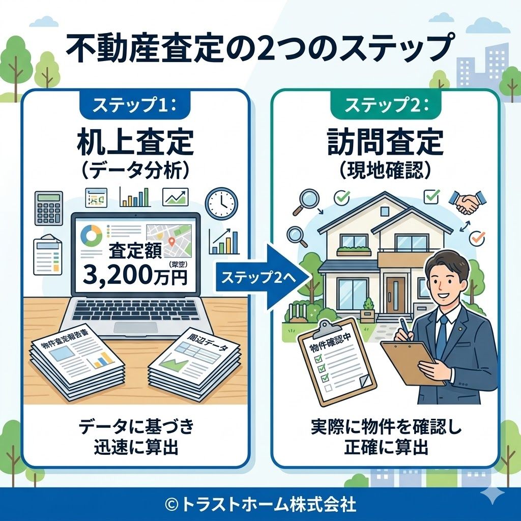 机上査定と訪問査定の違いを示すイラスト。2つのステップを矢印でつないだ図