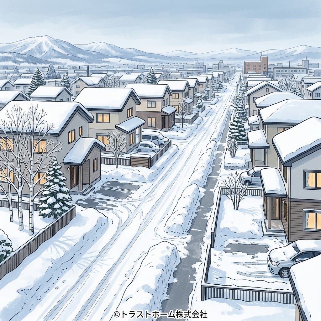 札幌の雪景色と戸建て住宅のイメージ。積雪期の物件状態は訪問査定でしか確認できない