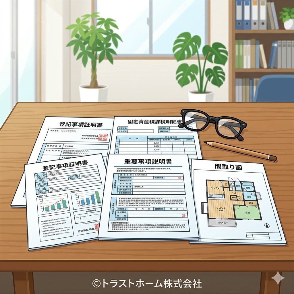 訪問査定の準備として必要な書類一式のイメージ。登記事項証明書・固定資産税明細などが並んでいる