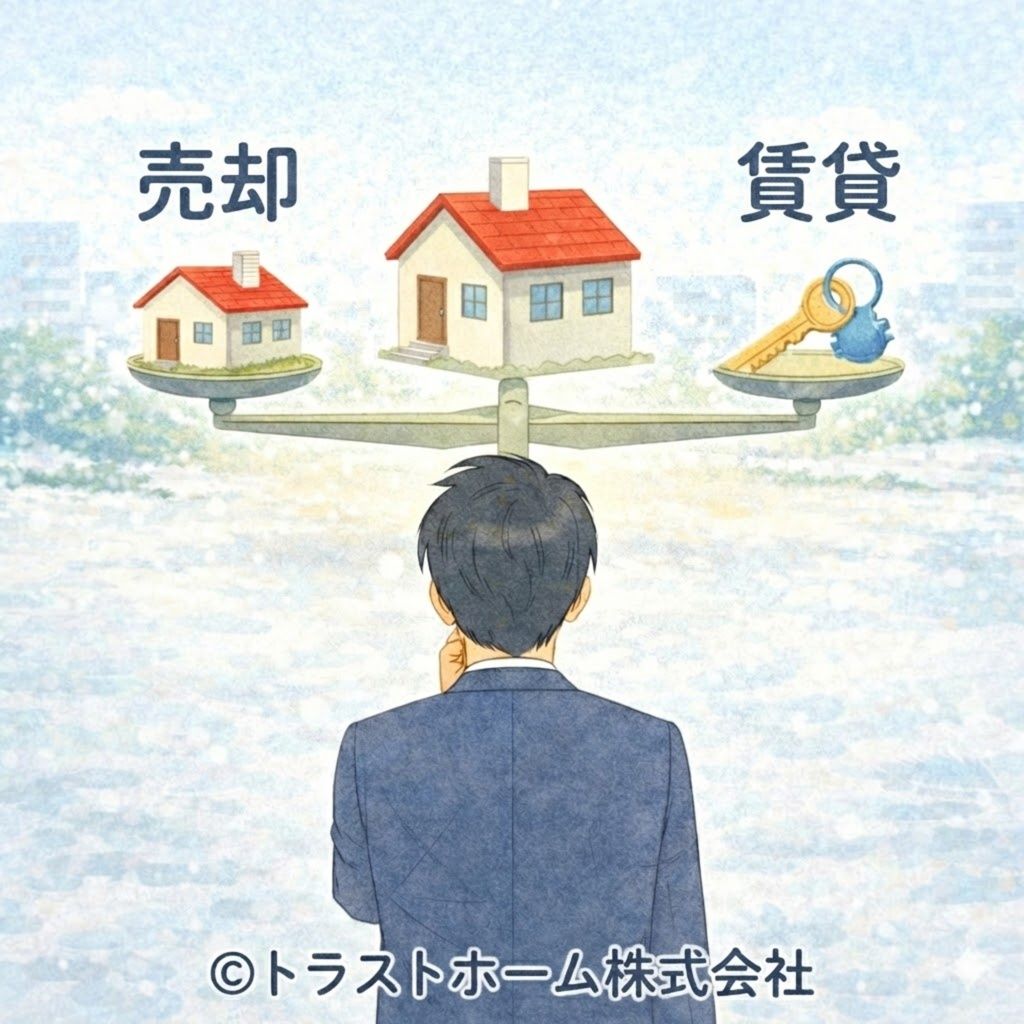 転勤時に売却と賃貸を比較している構図のイメージ