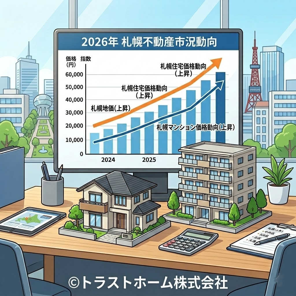 2026年の不動産市況を示すグラフと住宅のイメージ