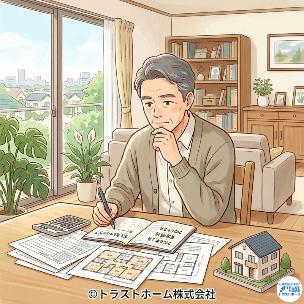 不動産の売却タイミングを考える人物と家のイメージ