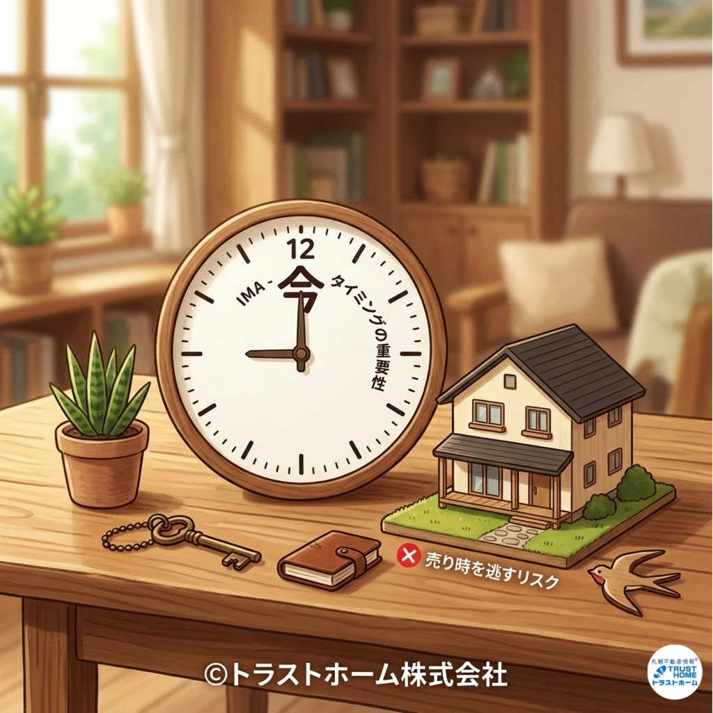 時計と住宅のイメージ、売り時を逃すリスク